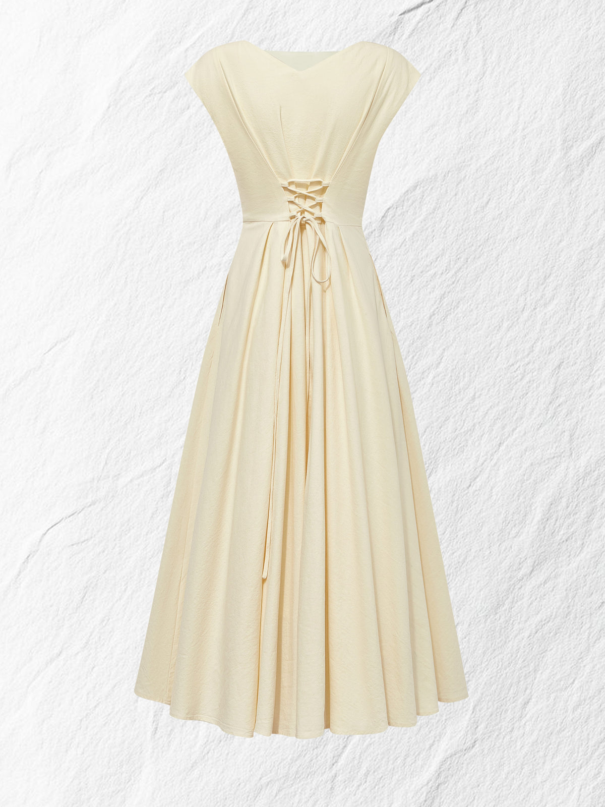 Linen Midi Dress, Cap Sleeve, Boat Neck, Plain, Vintage, Off White