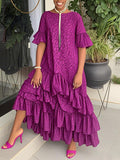 Flared Sleeves Half Sleeves Asymmetric Layered Pleated Printed Ruffle Trim Round-Neck Maxi Dresses