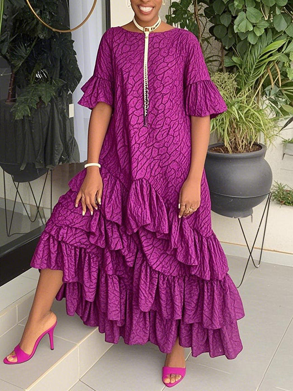 Flared Sleeves Half Sleeves Asymmetric Layered Pleated Printed Ruffle Trim Round-Neck Maxi Dresses