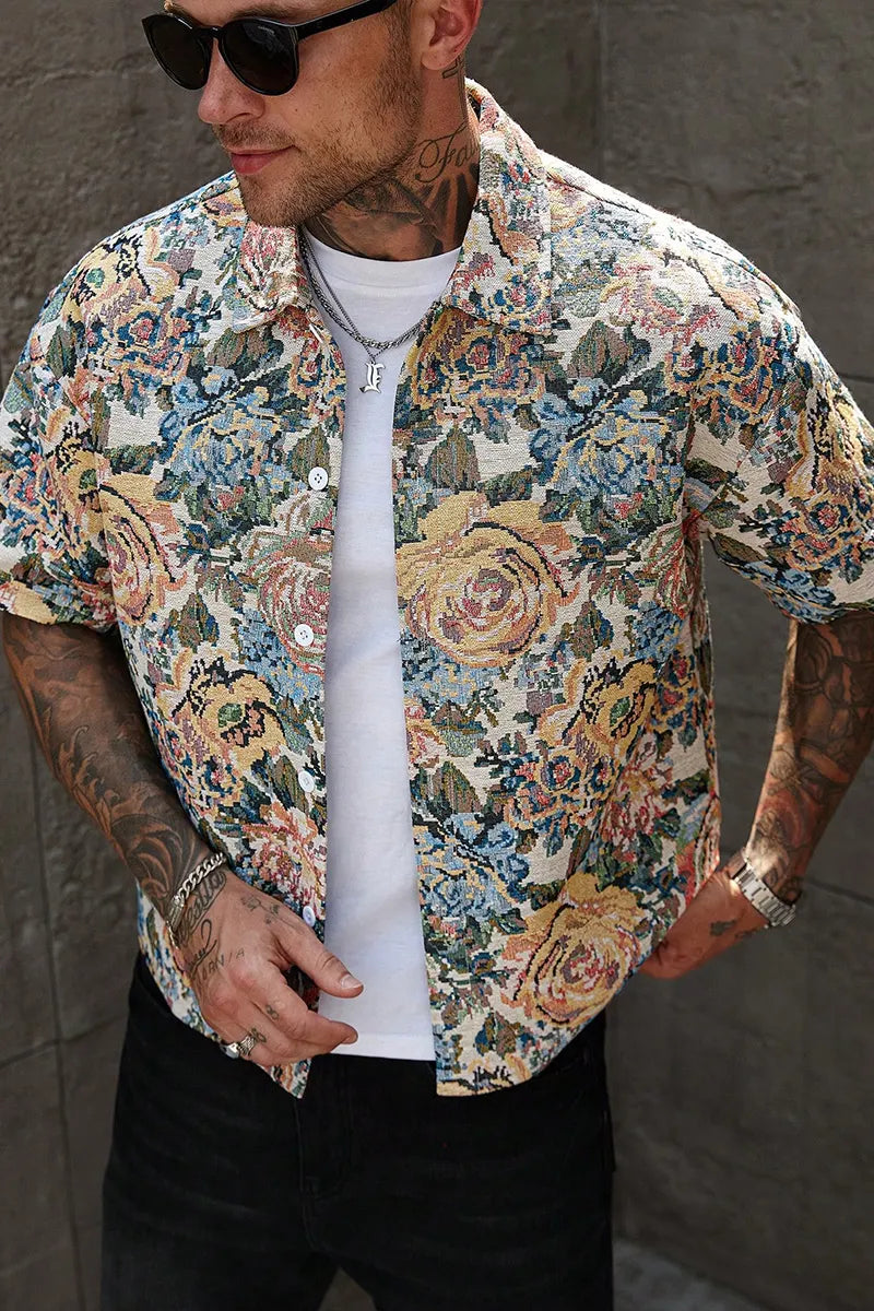 Men OVintage Floral Tapestry Jacquard Short Sleeve Button Down Shirt