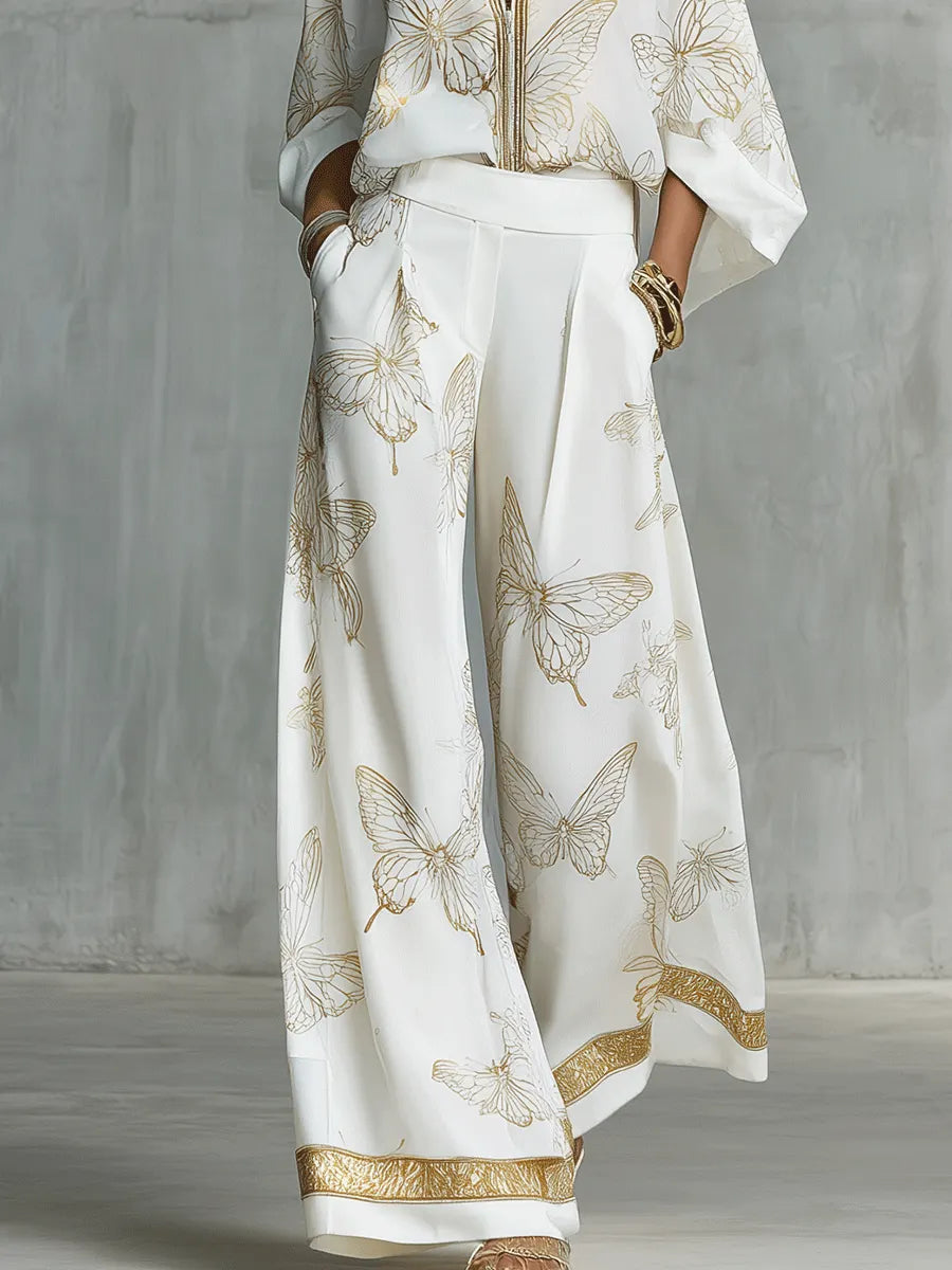 Bohemian Luxe Butterfly Jacquard Blouse & Wide-Leg Pants Set