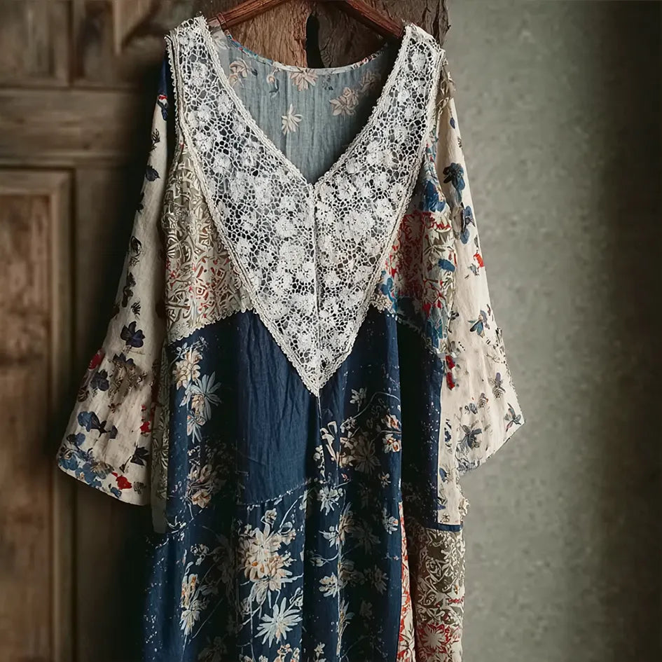 Japanese Art Retro Style Lace Patchwork Design V-neck Cotton And Linen Dress
