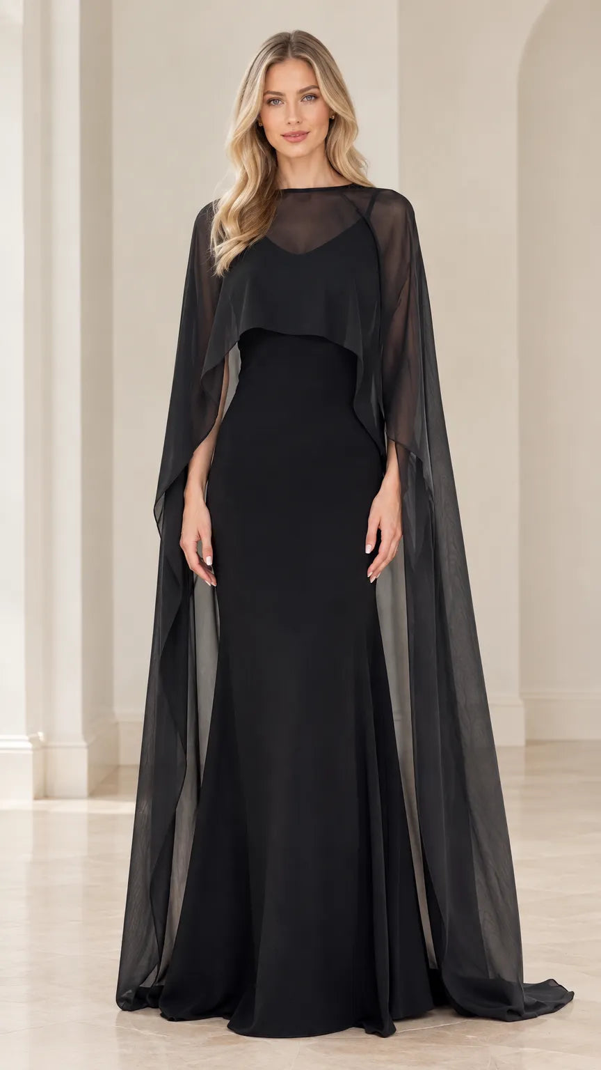 Sheer Cape Overlay Evening Maxi Dress with Sweetheart Bodice