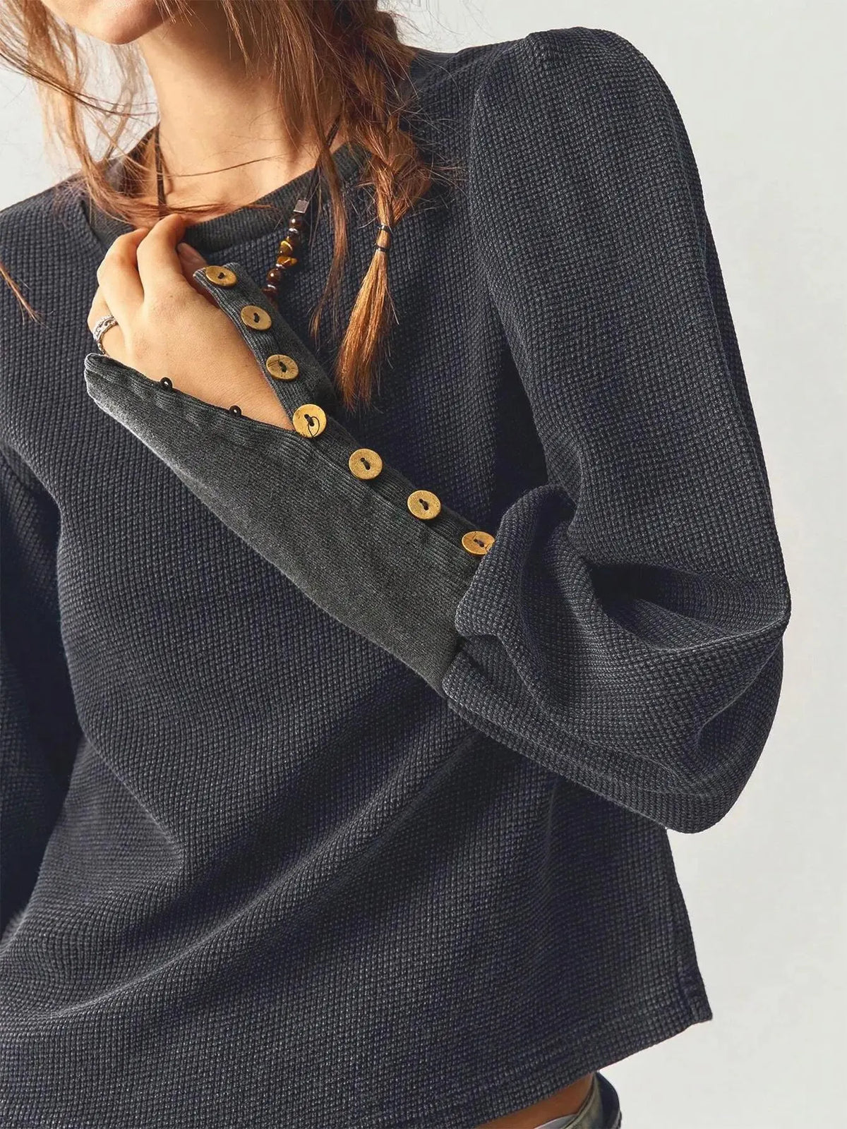 Casual Warm Textured Knit Puff Sleeve Top