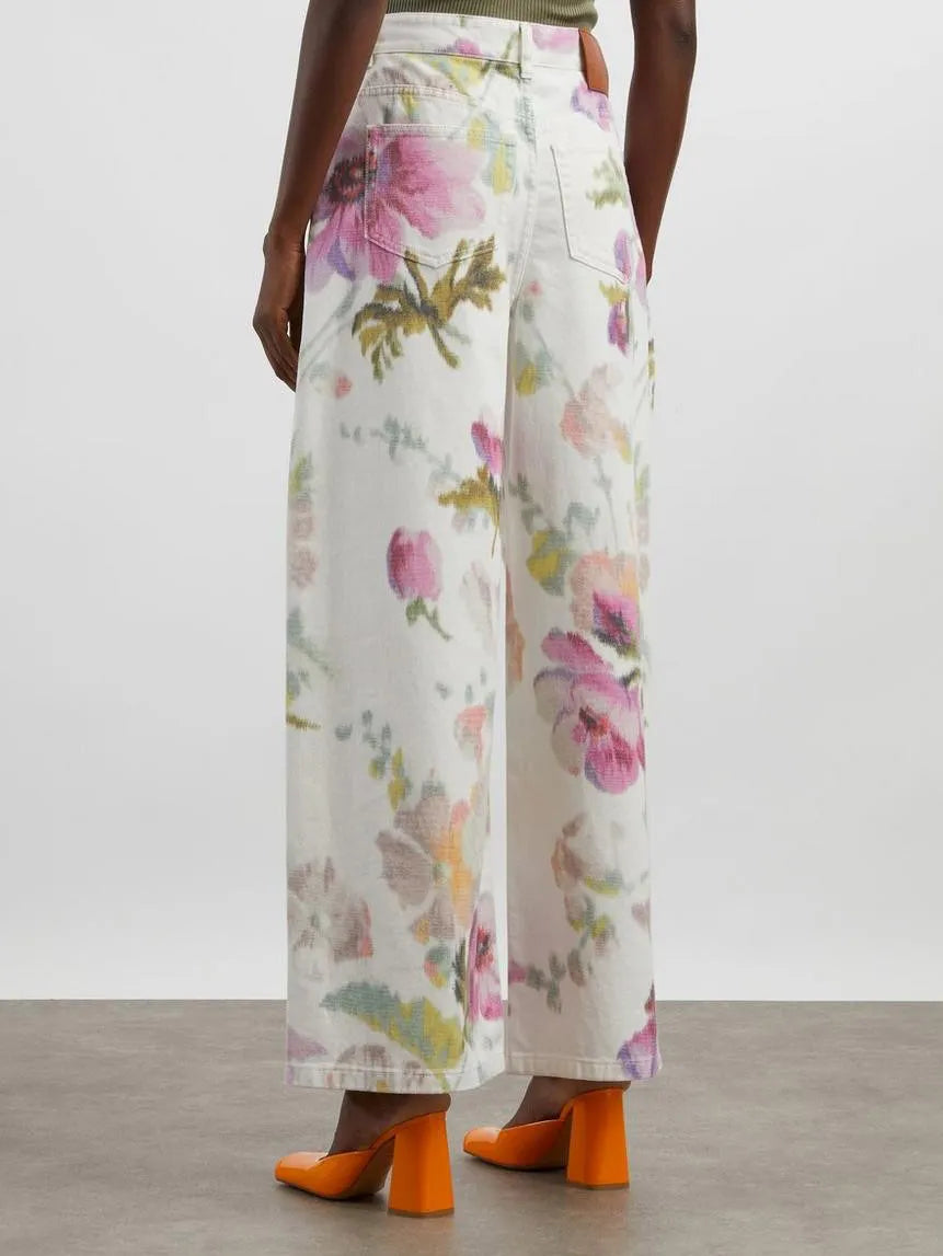 Elegant Neutral Floral Print Button-Down Pants