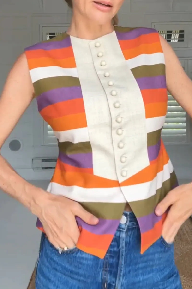 Women's Round Neck Breasted Contrasting Casual Top