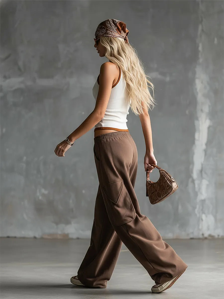 Stylish Sporty White Tank Top And Brown Sweatpants Set