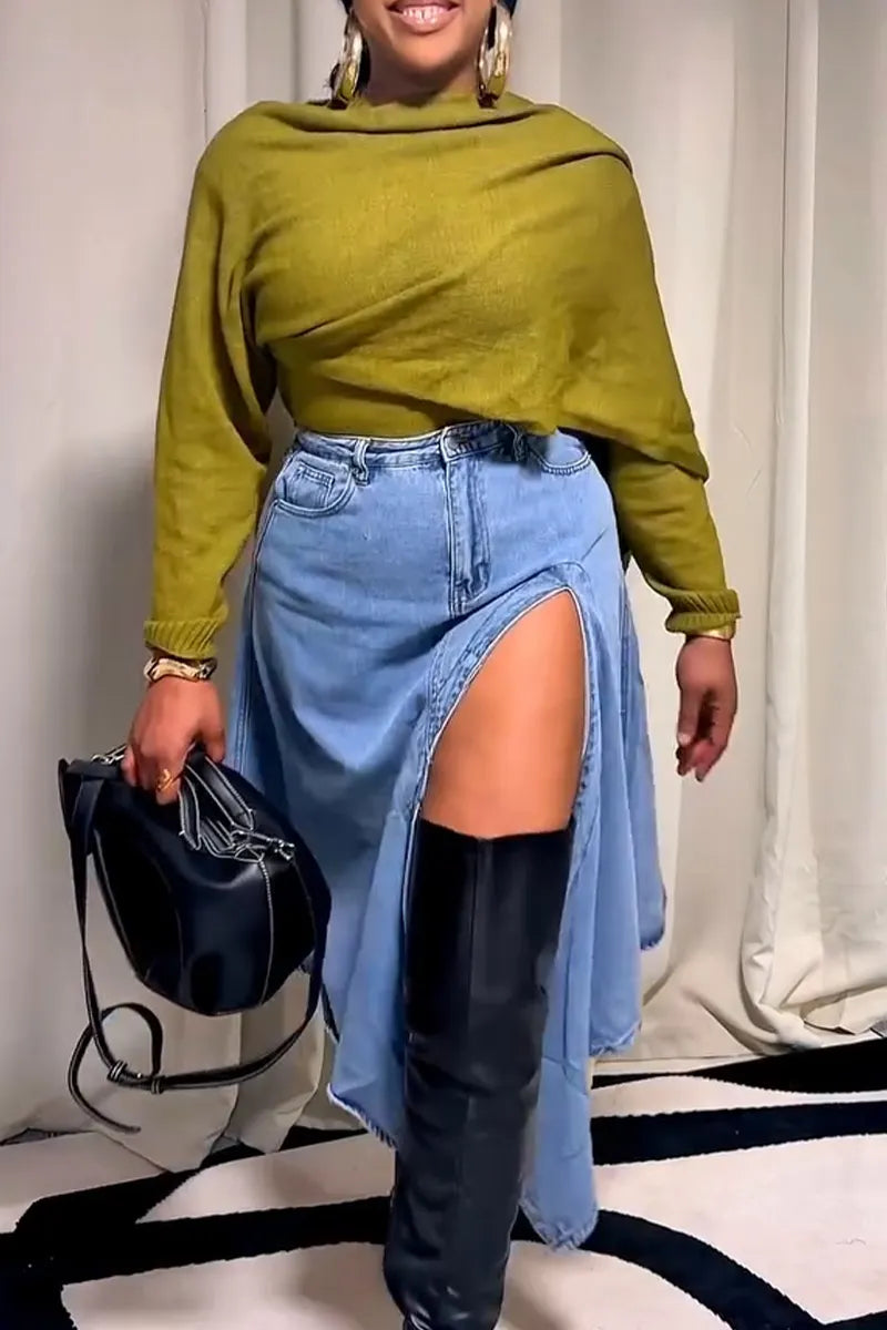 Women Slit Casual Irregular Denim Half Skirt