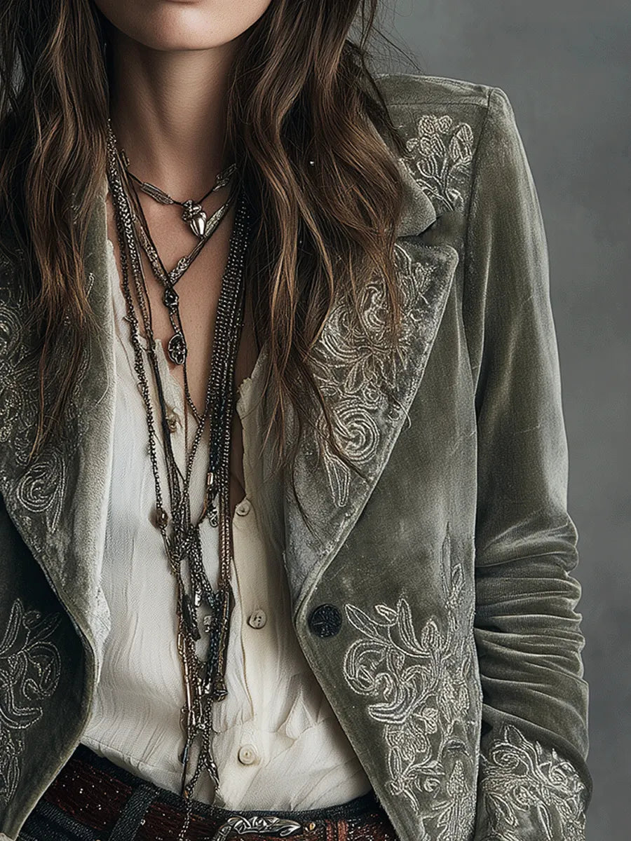 Vintage Grey-Green Velvet Embroidered Cropped Jacket