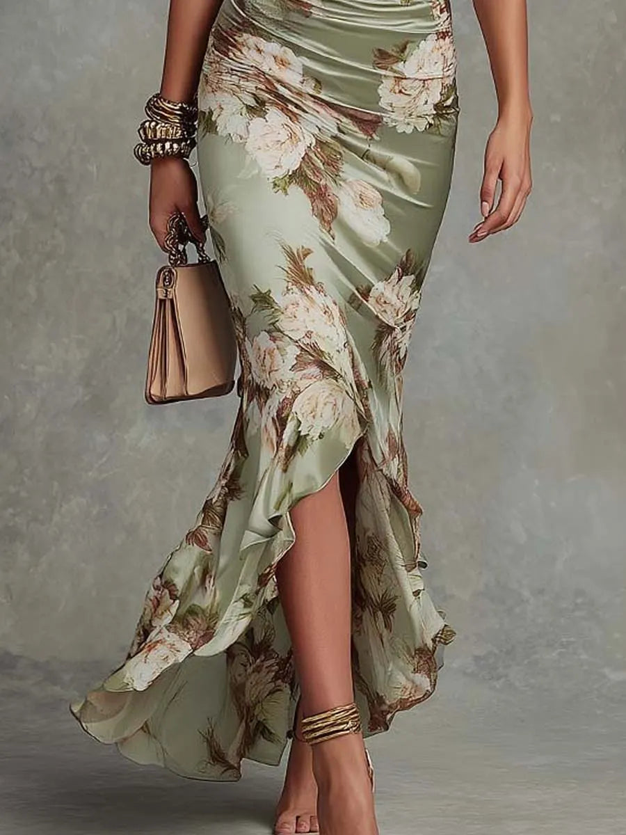 Retro Floral Ruched V-Neck Maxi Dress