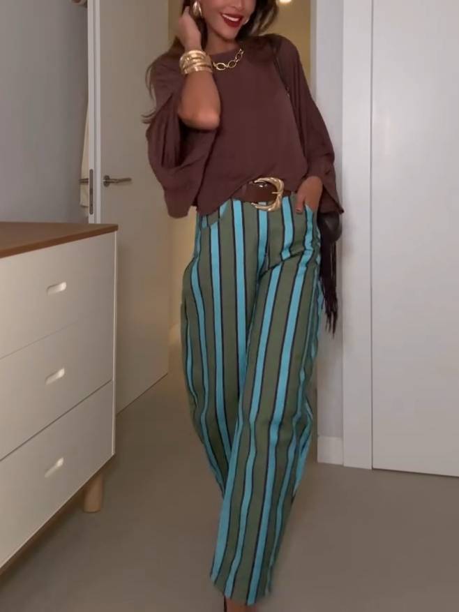 Loose T-Shirt And Striped Printed Pants Set-Pants