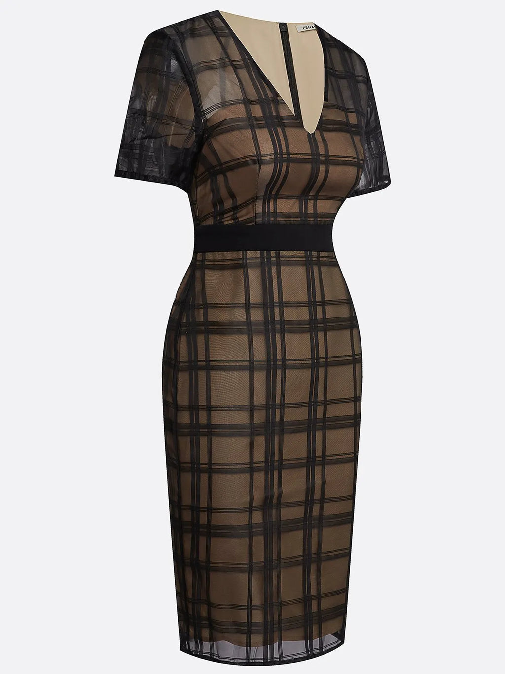 Black Organza Plaid Classic V Neck Short Sleeve Sheath Midi Dress