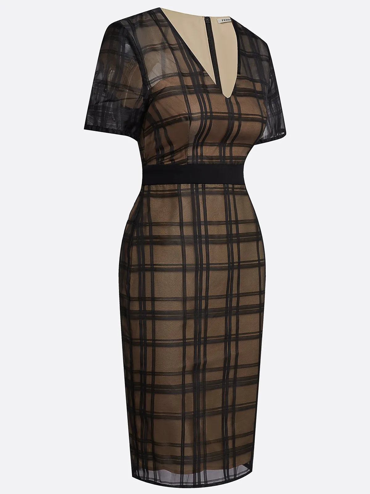 Black Organza Plaid Classic V Neck Short Sleeve Sheath Midi Dress
