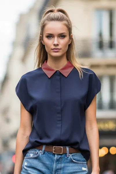 Short Sleeve Blouse with Detachable Collar