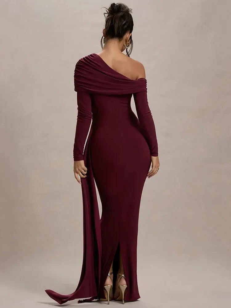 Aurelle Asymmetric Off-Shoulder Bodycon Maxi Dress – Ruched Summer Occasion Dress in Burgundy, Black or Green