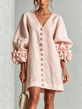 Pink V-neck Floral Button-down Mini Dress With Striking Floral Cuffs