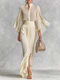 Pleated Stand Collar Trumpet Sleeve Shirt Slit Floor Length Skirt Two-piece Set