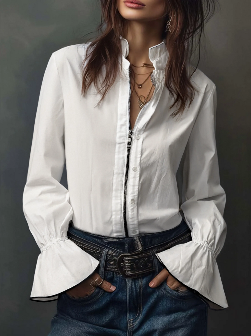 White Zip-Front Blouse With Flounce Cuffs