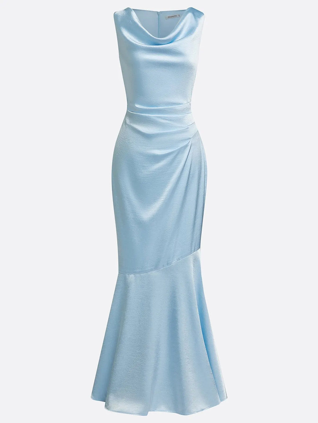 Light Blue Ruched Satin Cowl Neck Sleeveless Mermaid Maxi Dress