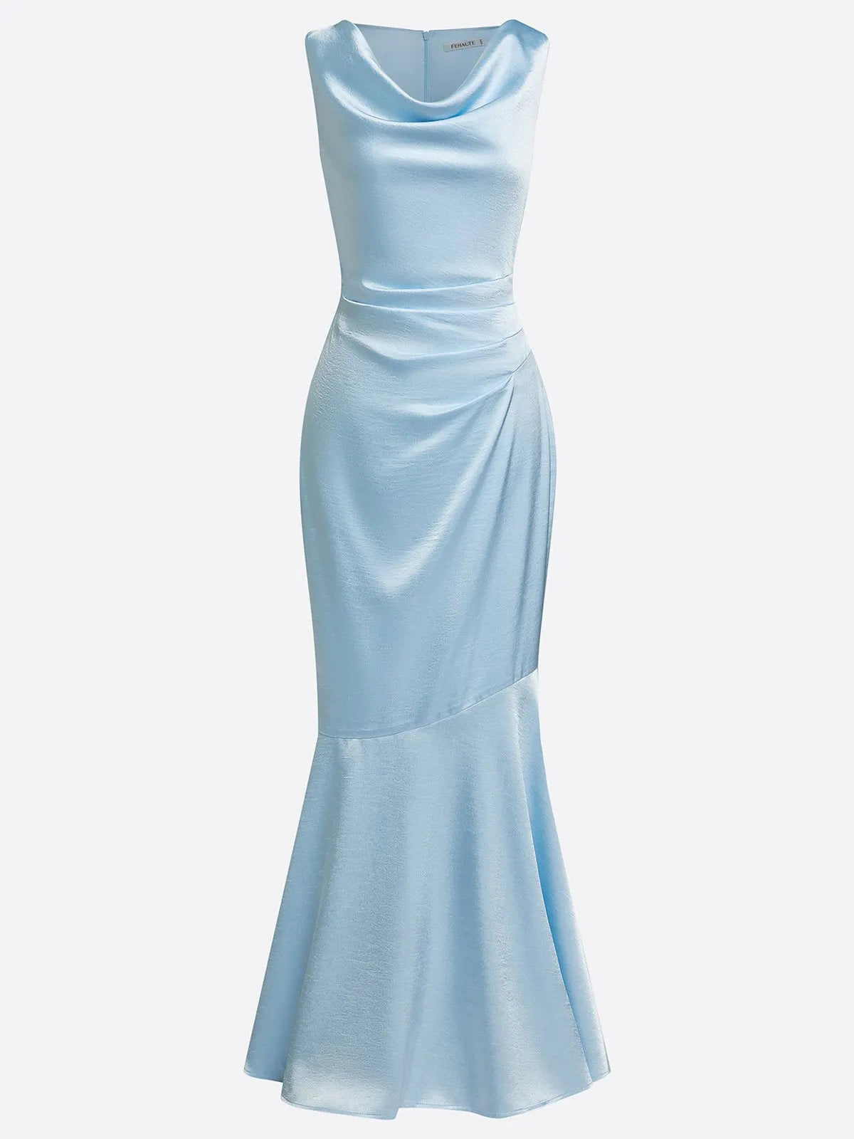 Light Blue Ruched Satin Cowl Neck Sleeveless Mermaid Maxi Dress