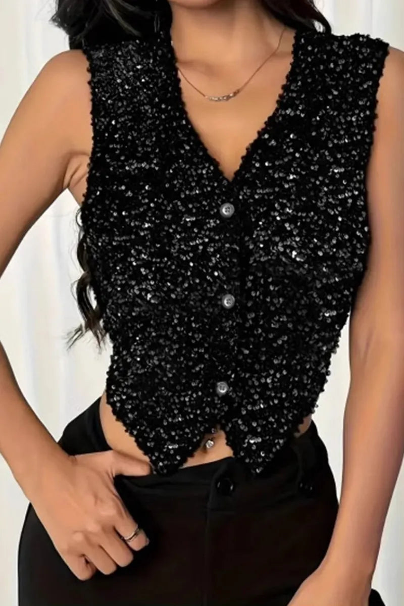 Ladies Heavy Industry Sequin Paneled V-Neck Vest