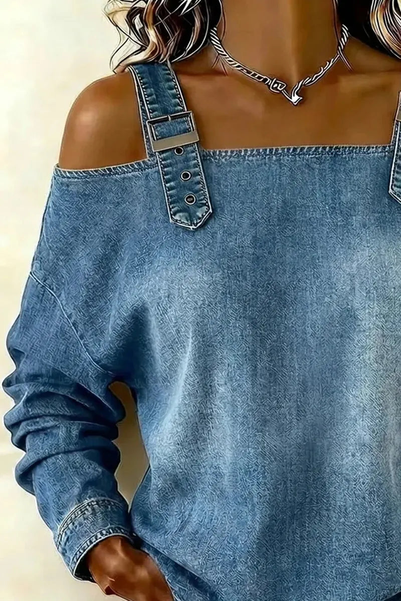 Ladies' Hot Selling Casual Denim Shoulder Strap Top