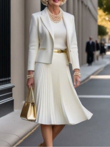 White pleated dress with suit jacket