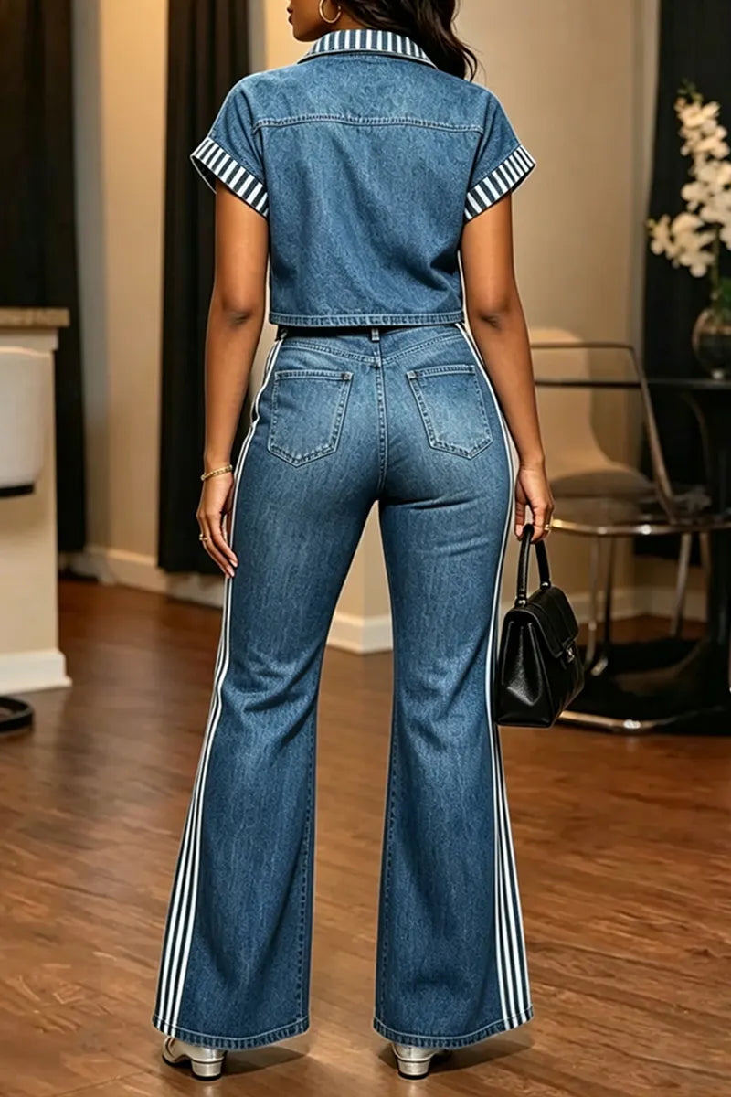 Women's Casual Stripe-Trim Denim Shirt or Wide-Leg Jeans