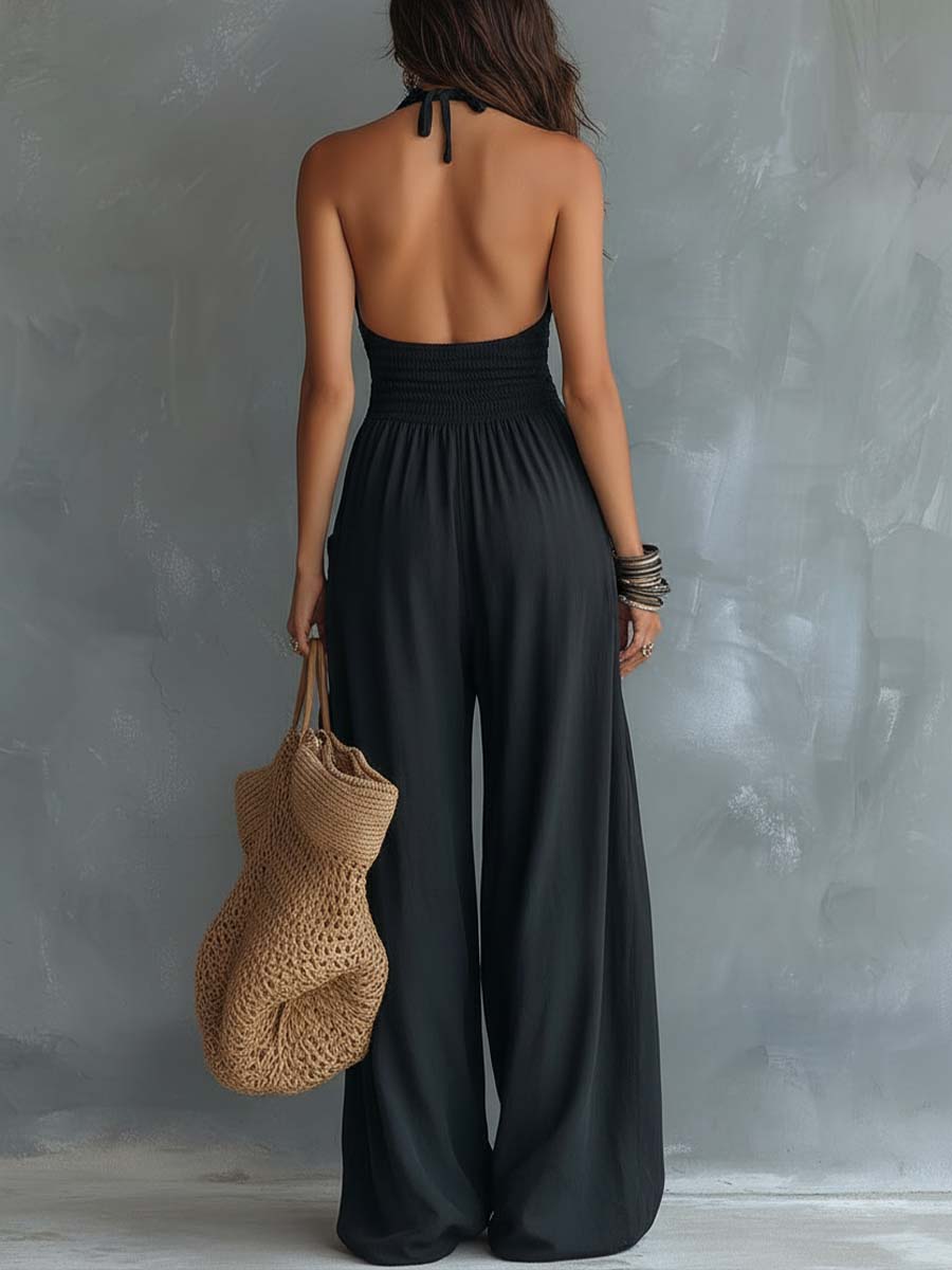 Retro Lace Halter-Neck Jumpsuit With Pockets
