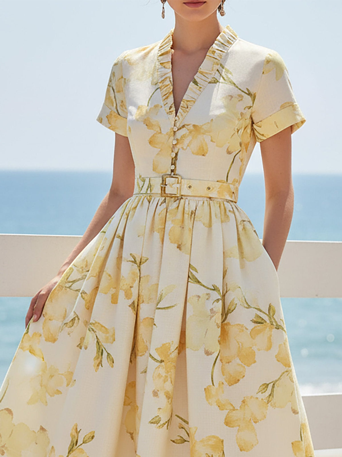 Midi Linen Dress, Short Sleeves, V Neck, Floral, Belt Design, Vintage, Yellow