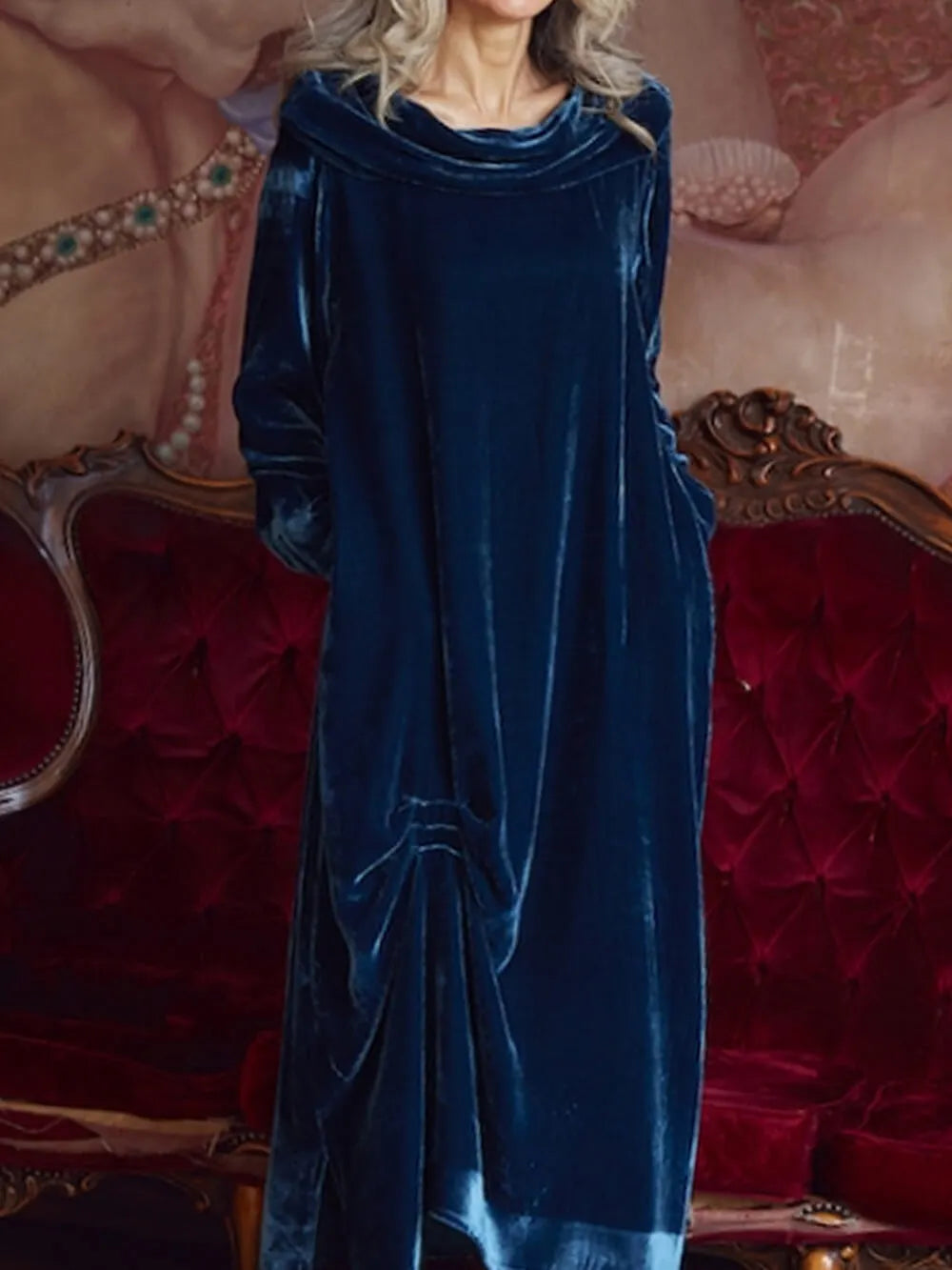 Draped Neck Ruched Velvet Midi Dress