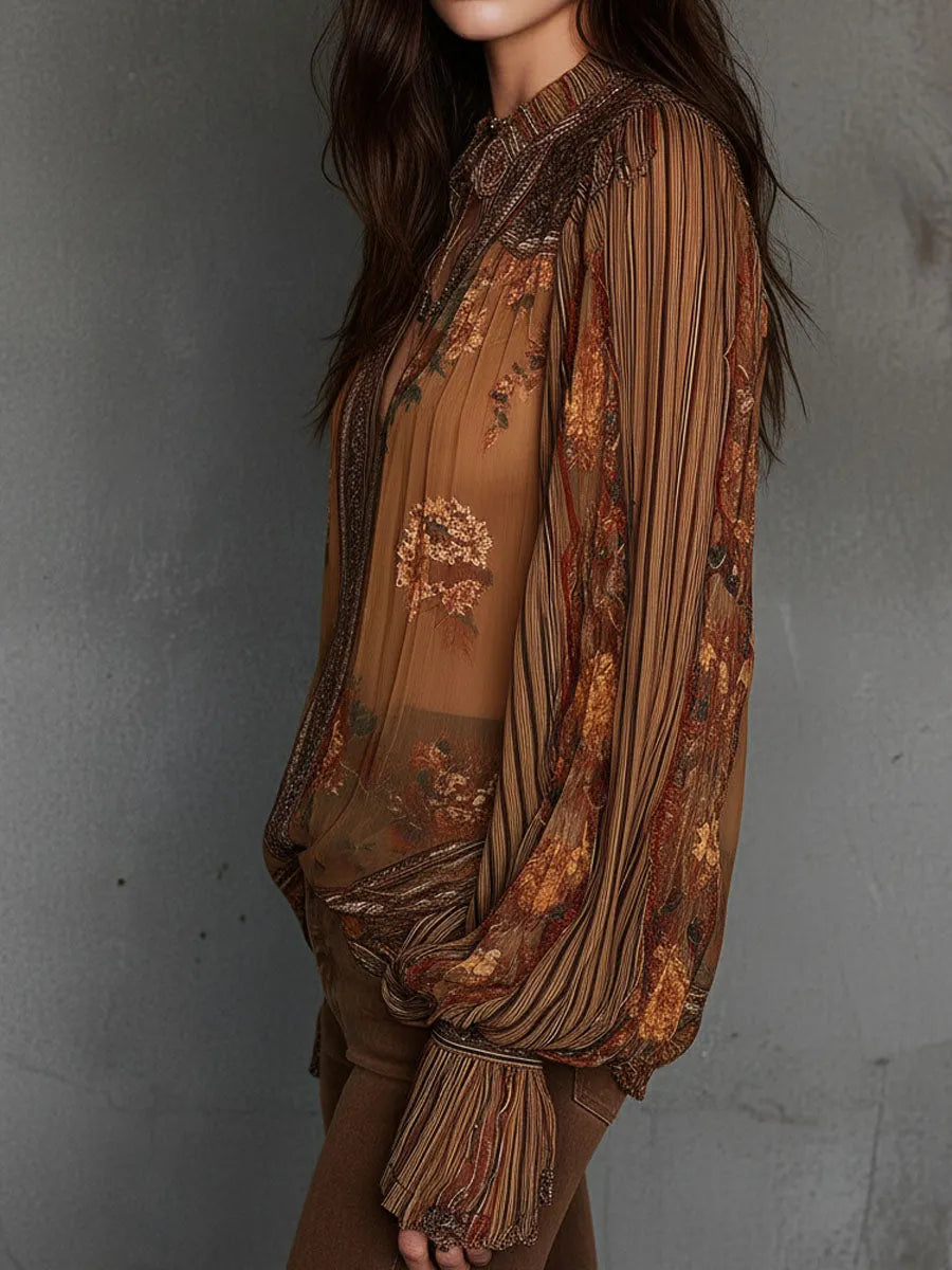 Vintage Boho Sheer Floral Blouse With Billowy Sleeves