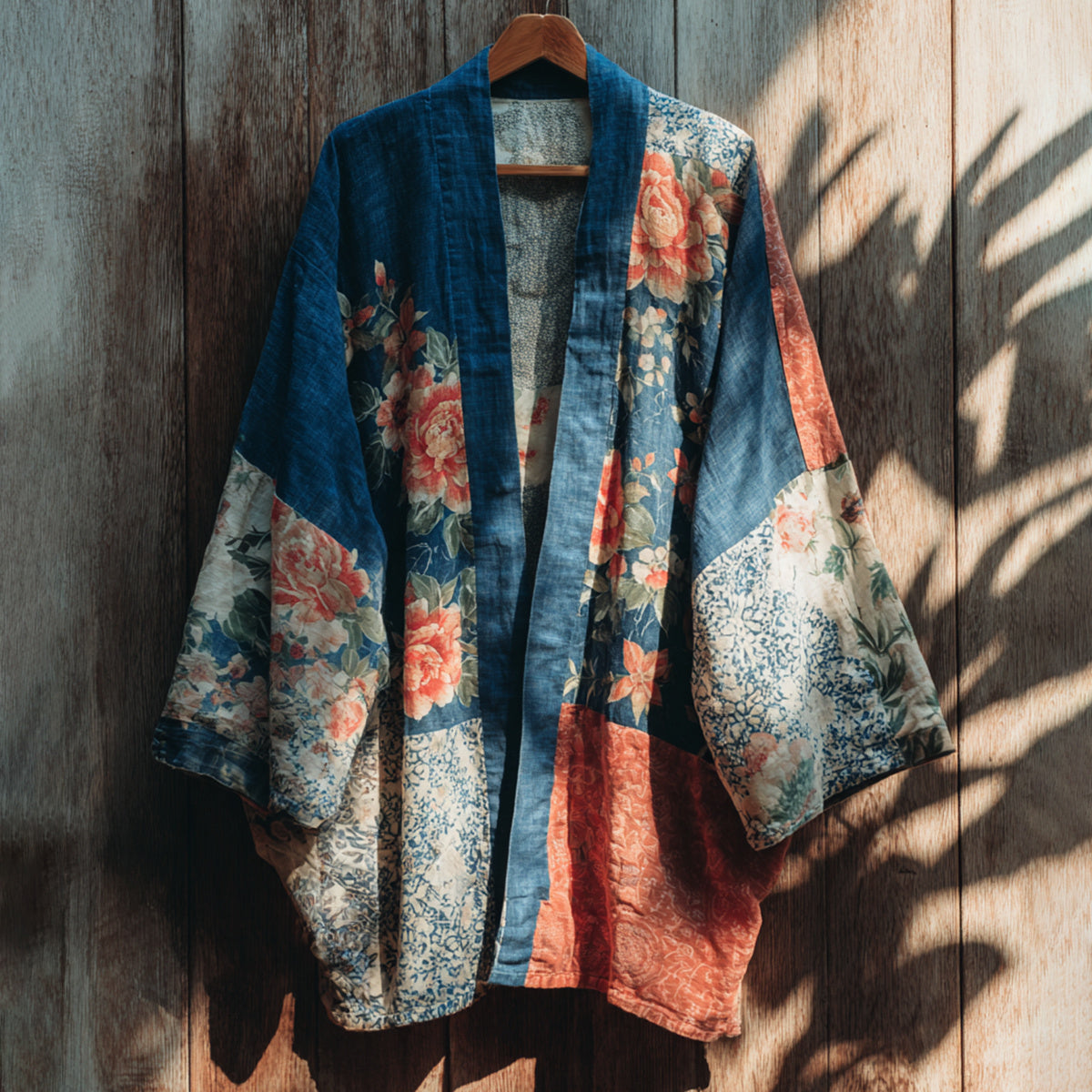 Retro Japanese Traditional Sashiko With Floral Art Print Cotton And Linen Blend Kimono Cardigan