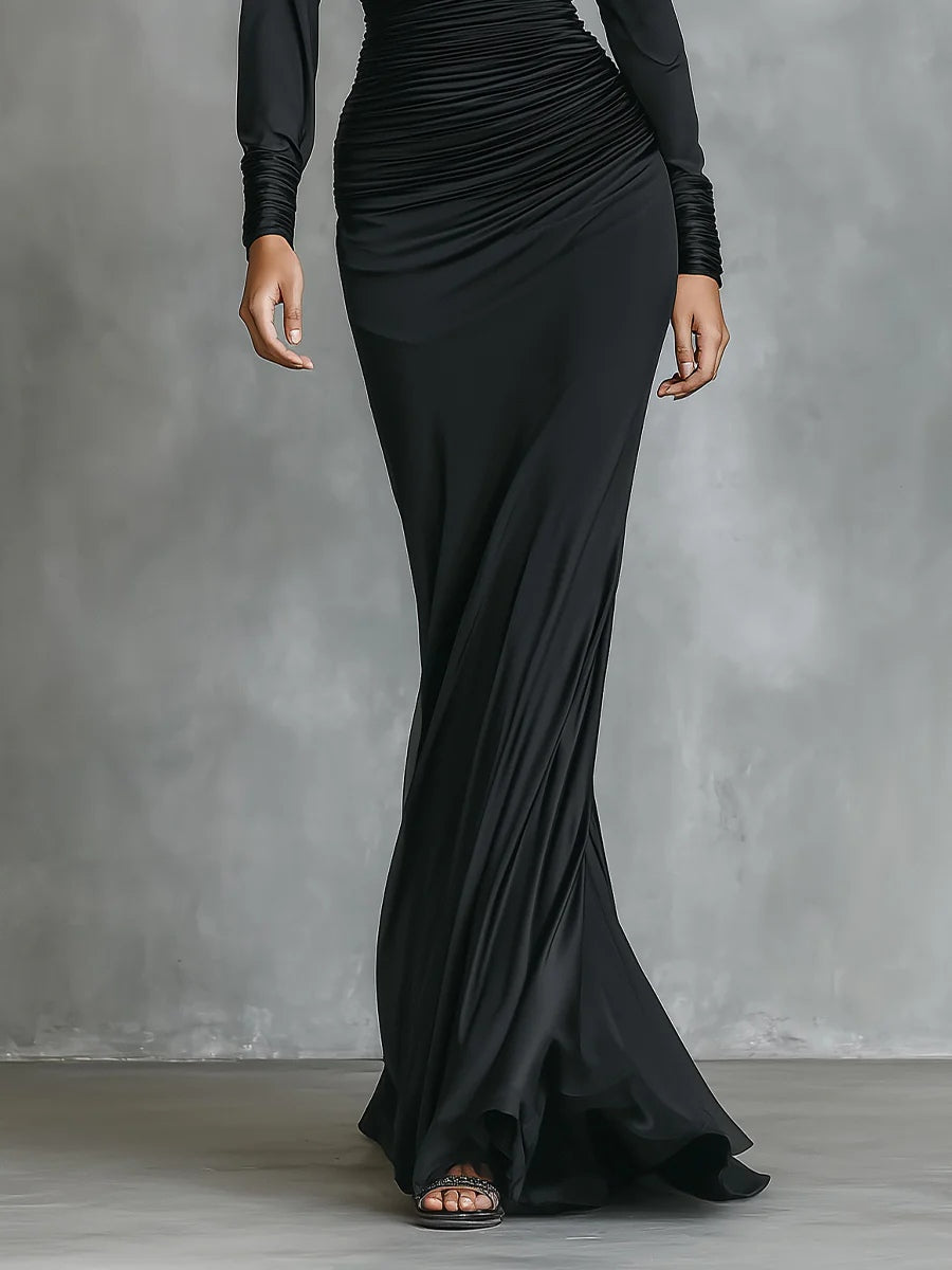 Black Elegant Satin One - Shoulder Ruched Mermaid Maxi Dress