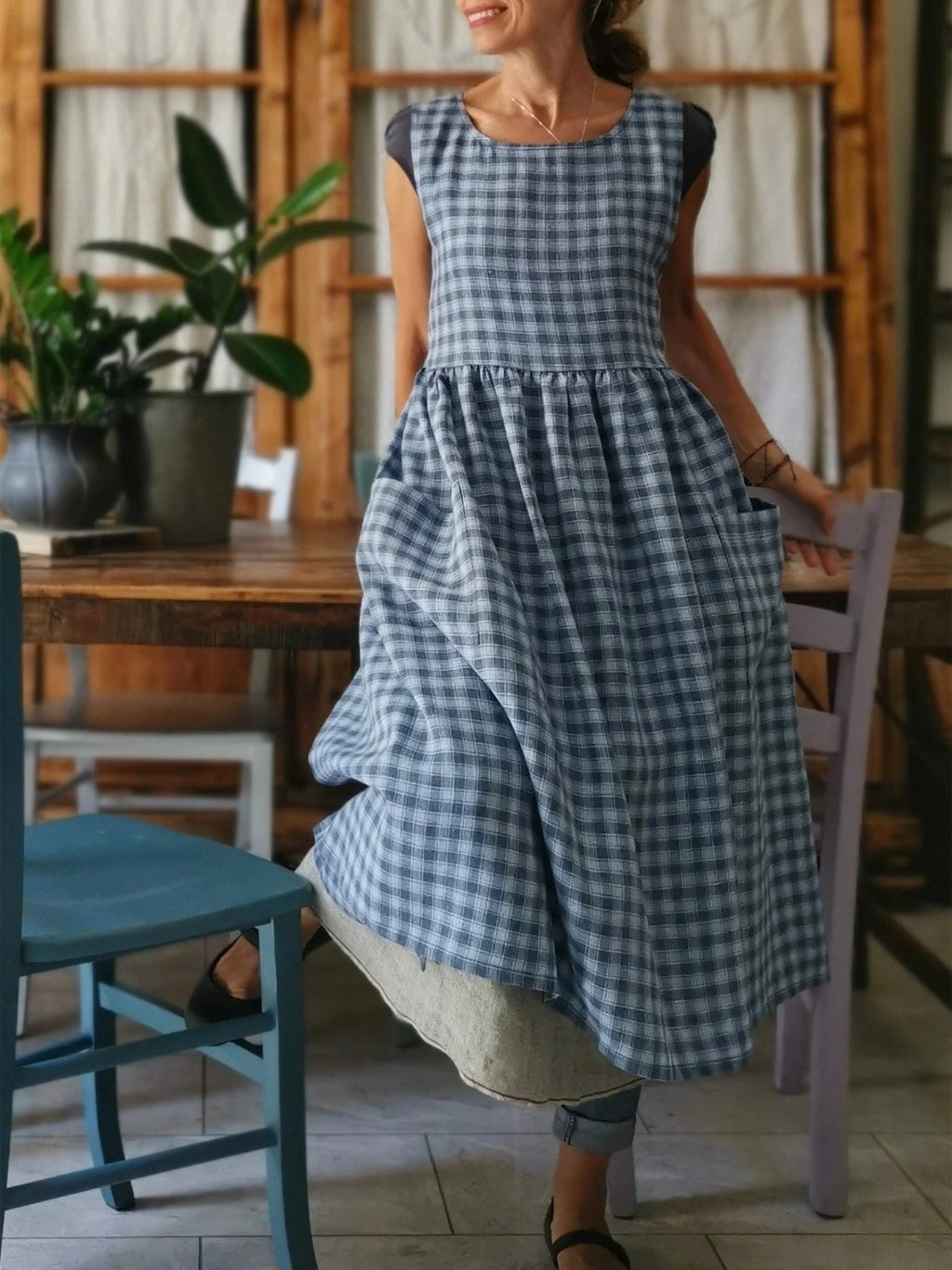 Sky Blue and Grey Tartan Cotton Kitchen Apron