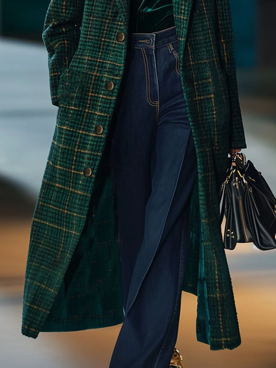 Retro Classic Dark Green Plaid Long Coat
