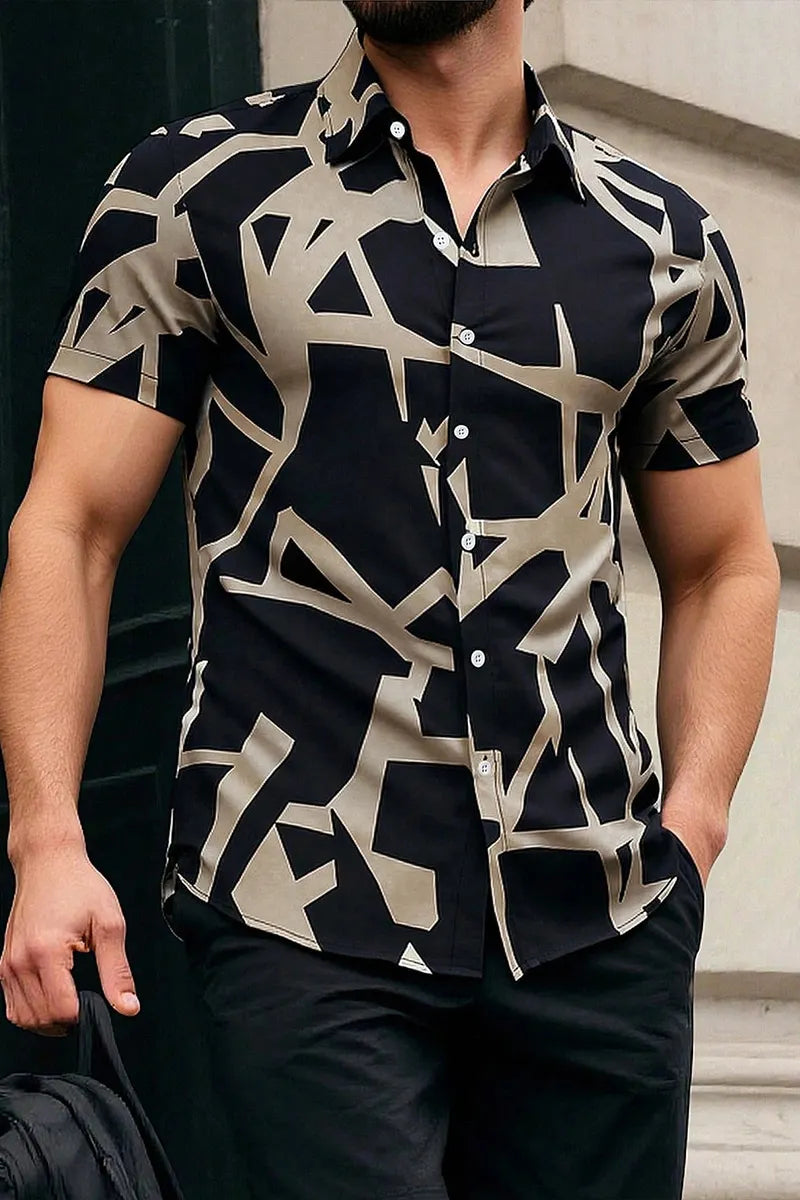 Men's Black Base Abstract Geometric Print Short Sleeve Collar Shirt