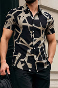 Men's Black Base Abstract Geometric Print Short Sleeve Collar Shirt
