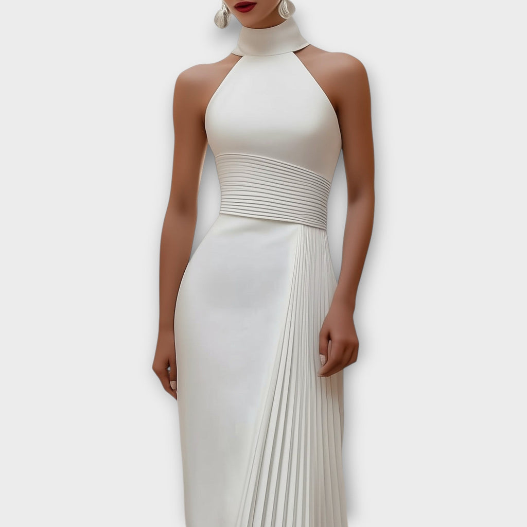 Elegant Satin Pleated Halter-Neck Evening Gown