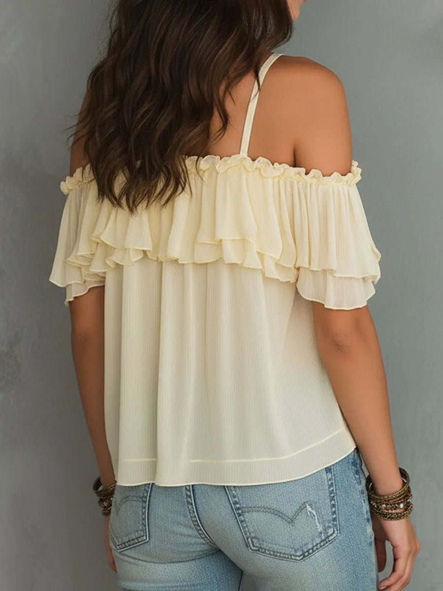 Boho Soft Yellow Cold-Shoulder Ruffled Chiffon Blouse