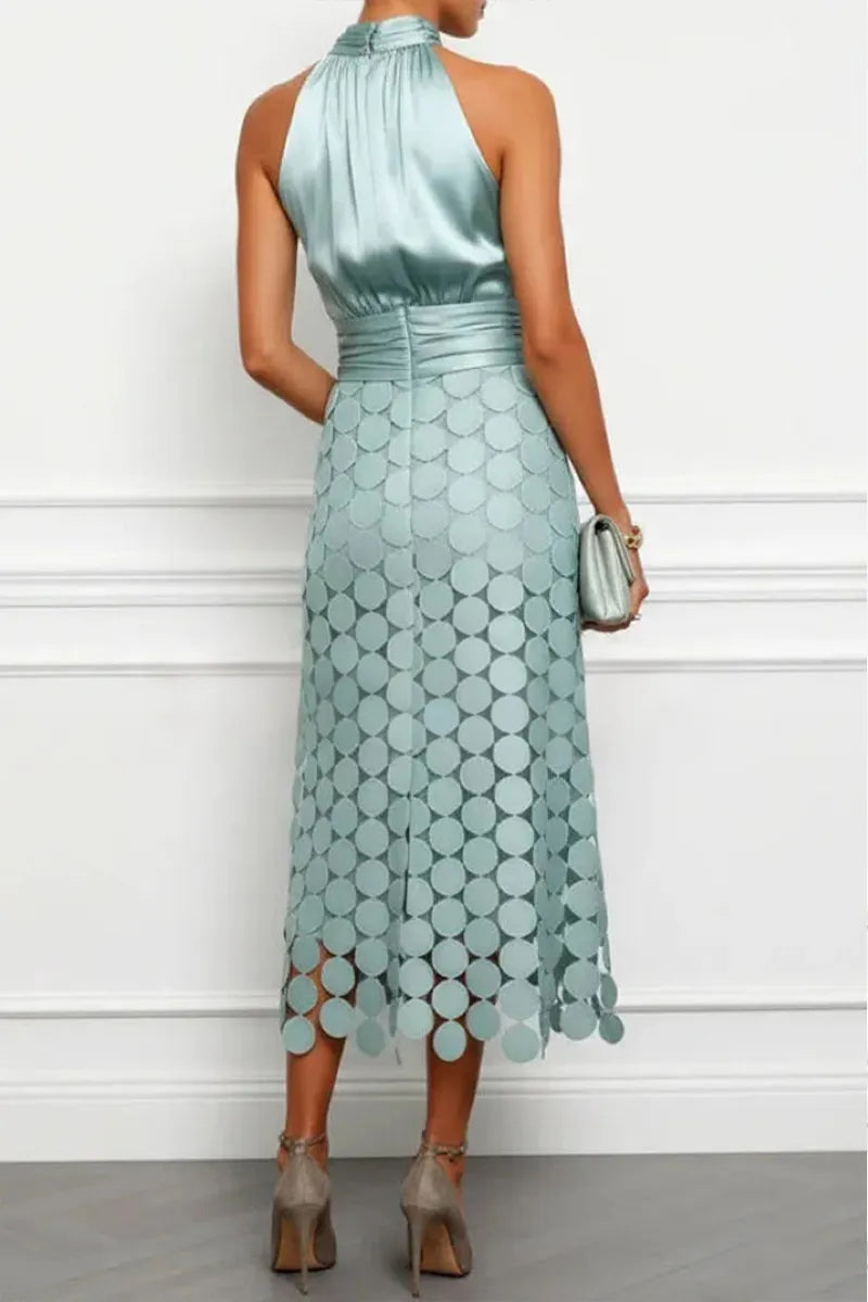 Women's Satin Off Shoulder Sleeveless Patchwork Polka Dot Elegant Temperament Dress