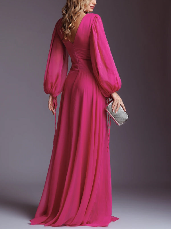 V-Neck Solid Chiffon Maxi Dress