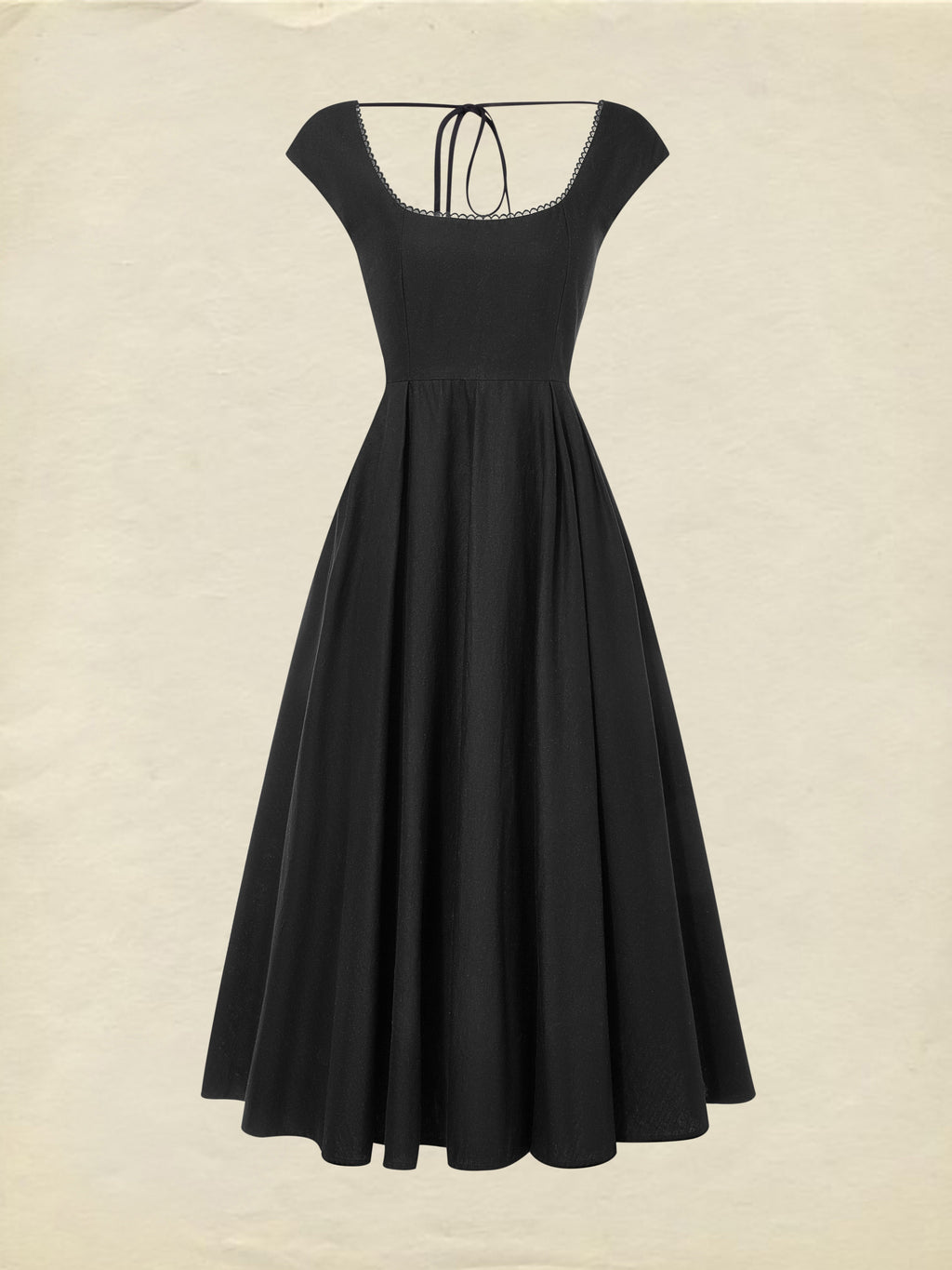 Midi Linen Dress, Sleeveless, Lace Collar, Plain, Lace, French Vintage, Black