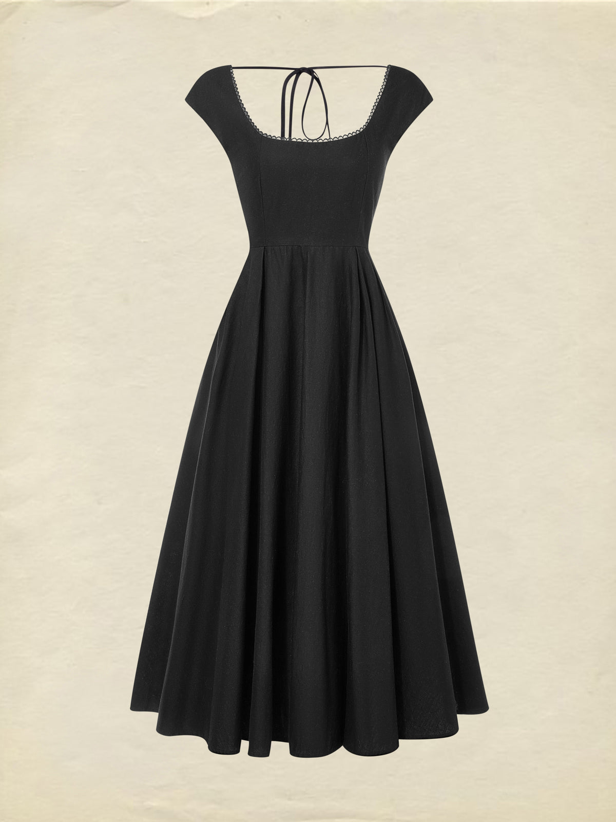 Midi Linen Dress, Sleeveless, Lace Collar, Plain, Lace, French Vintage, Black