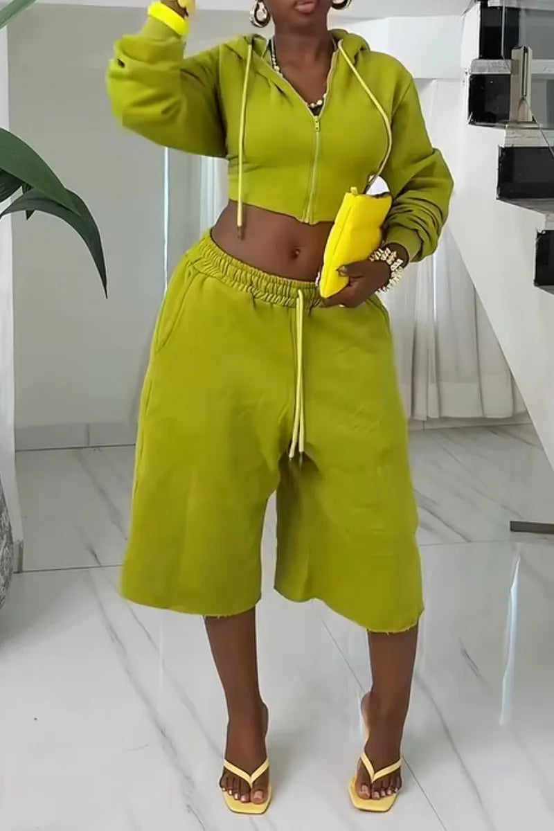 Women's Casual Fleece Cropped Hoodie Drawstring Hood Long Sleeve Sweat Top Or Daily Lounge High Waist Drawstring Wide Leg Capri Sweat Pants