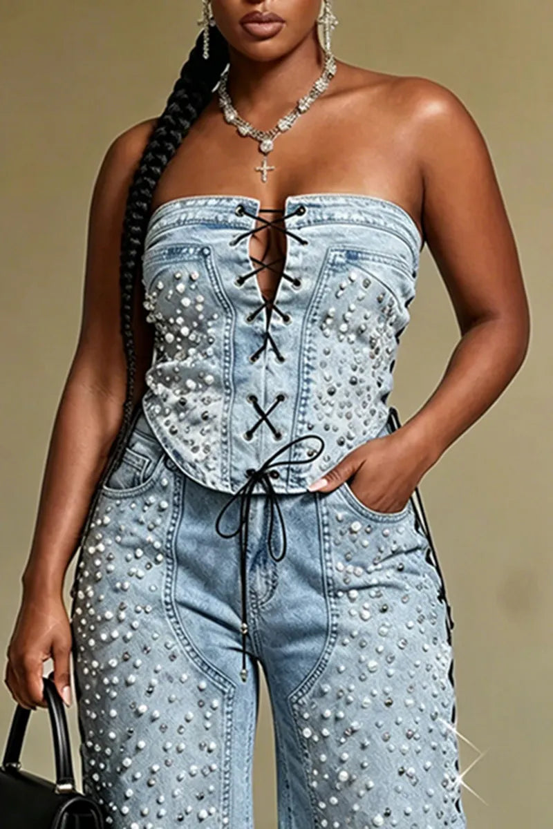 Women's Fashion Rhinestone-Beaded Tie Front Denim Bustier or Cropped Jeans