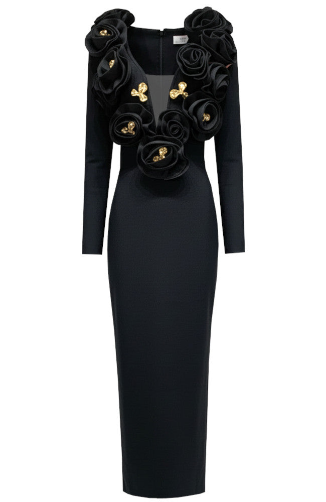 Long Sleeve Floral Detail Maxi Dress Black