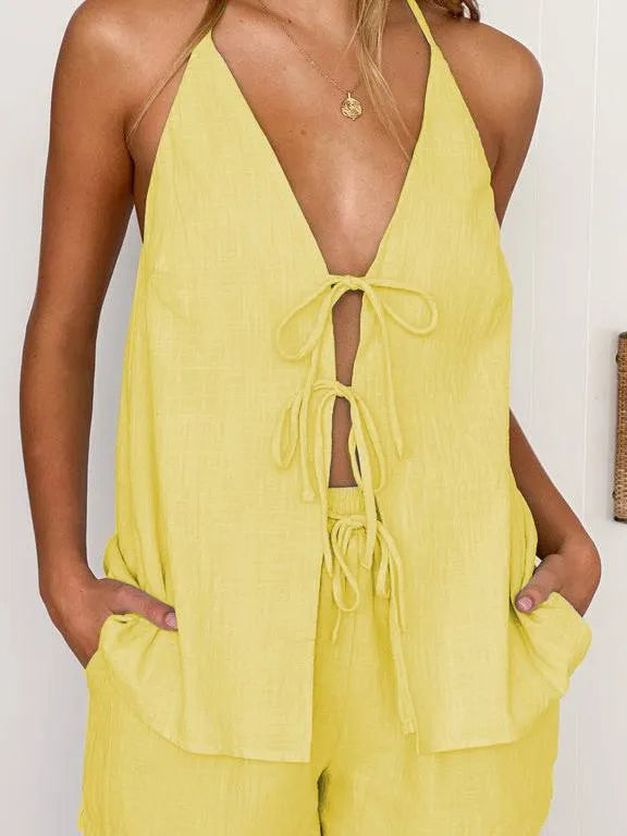Halter Neck Tie-Up Top And Shorts Suit