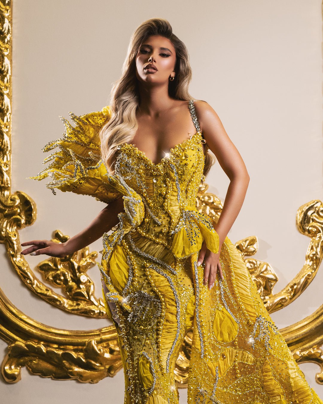 Risiola Yellow Dress with Beads and Feathers