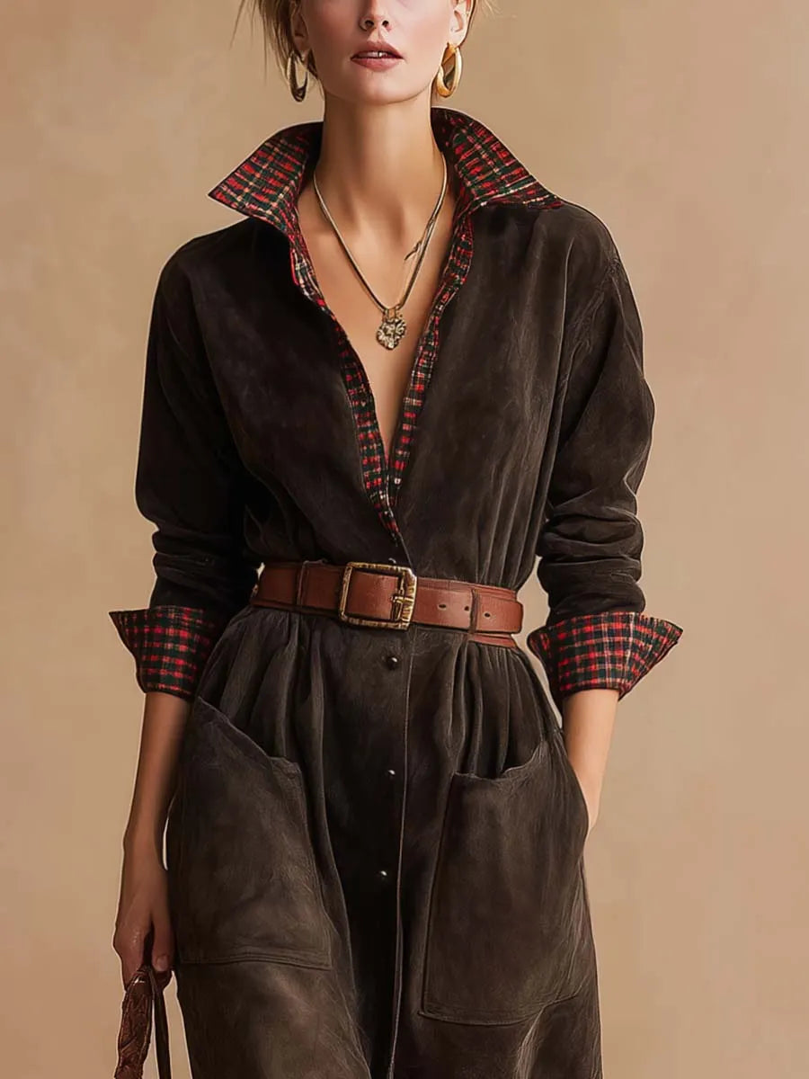 Retro dark brown suede patchwork plaid collared dress(Includes belt)